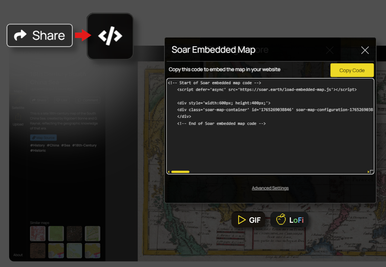 A picture showing the Embed button, letting you share your map as an interactive viewer on any website.