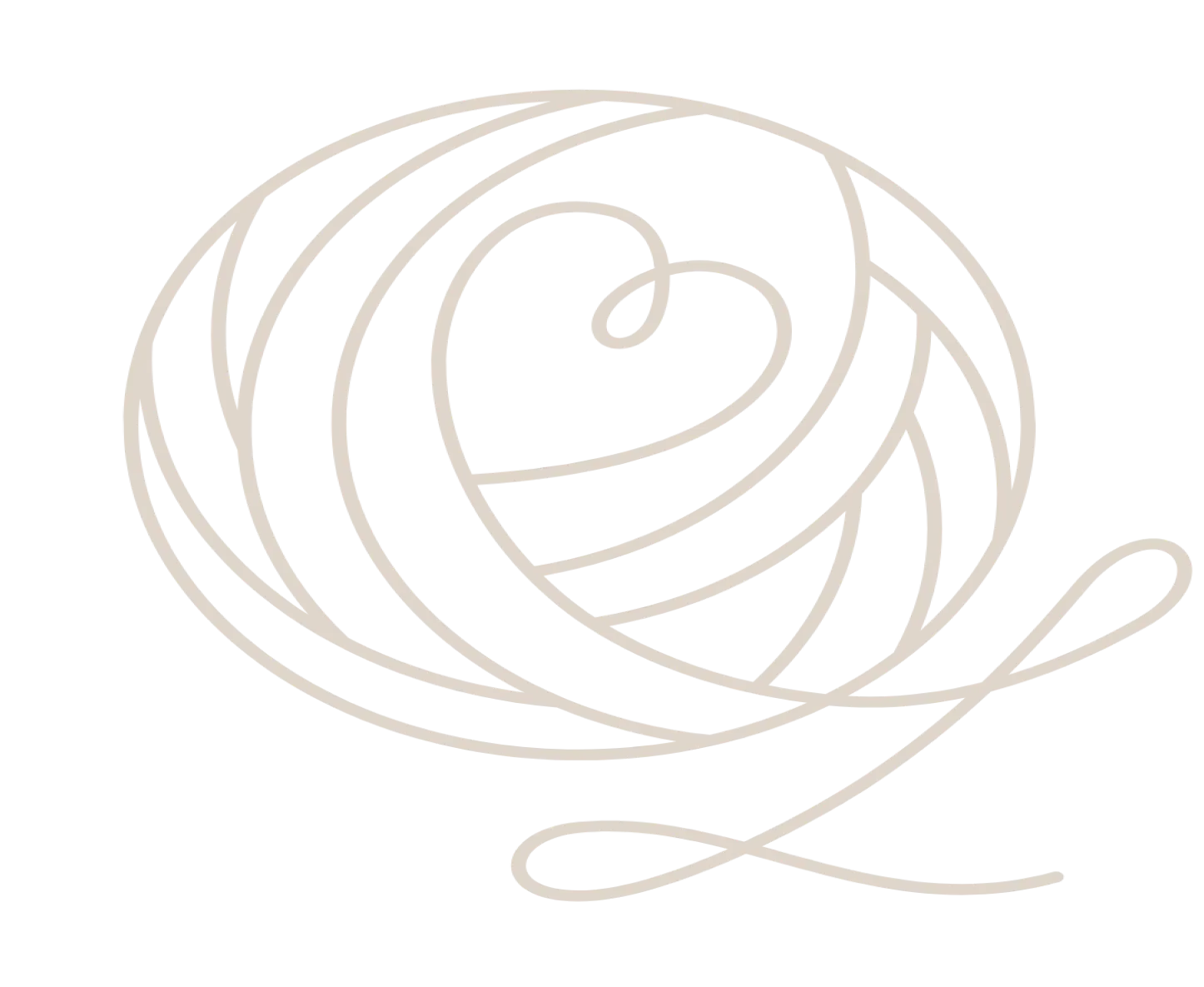 Outline drawing of a ball of yarn with a loose strand extending to the side on a black background.