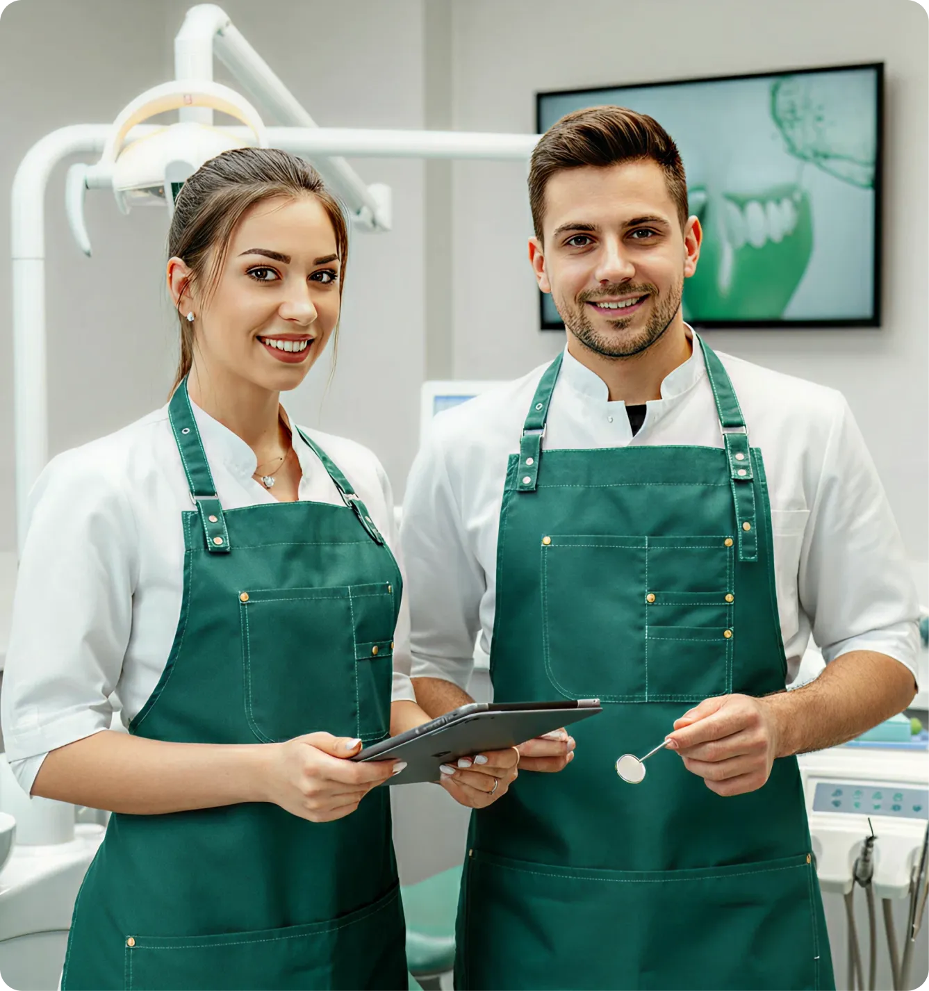A man and a woman in green aprons holding a tablet.