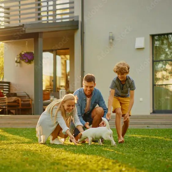Smiling family playing with a small white puppy on the grass in their backyard at sunset.