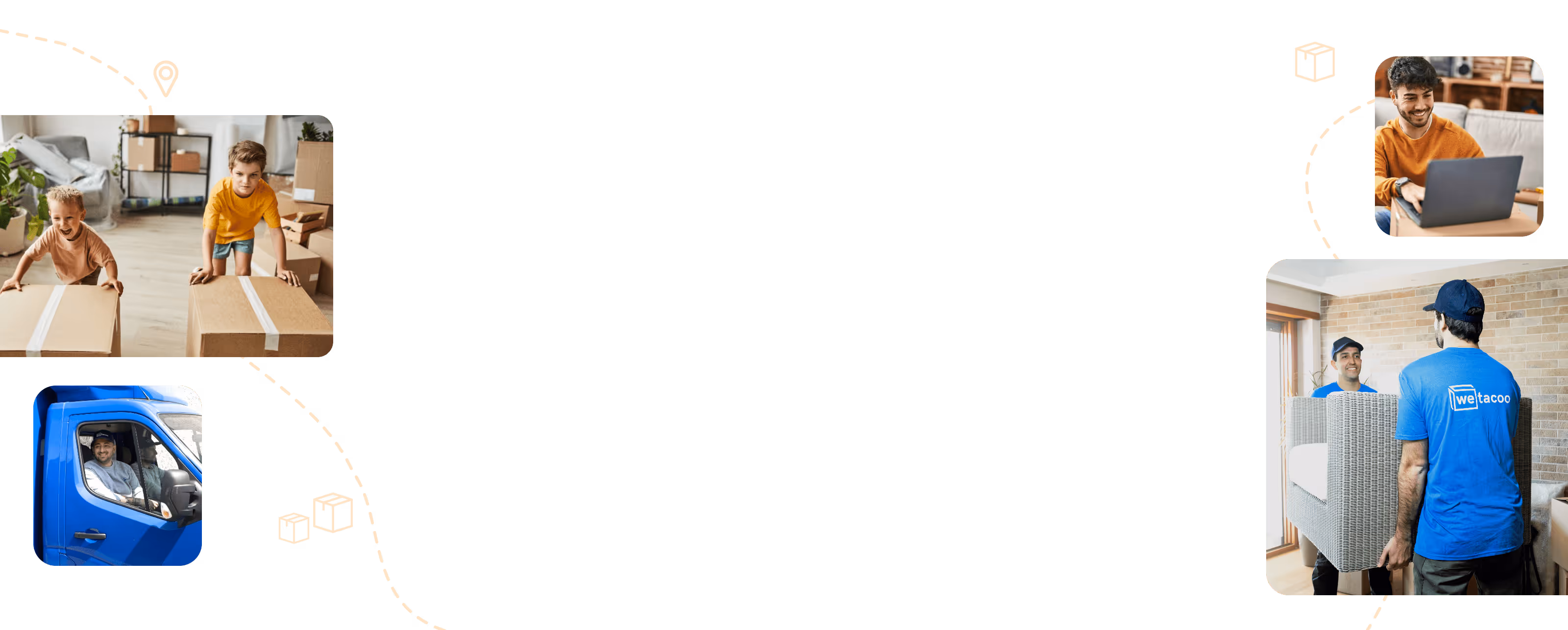 Collage showing two children pushing large cardboard boxes indoors, a delivery driver in a blue van, a smiling man working on a laptop at home, and two movers carrying a large chair with wetacoo logos on their shirts.