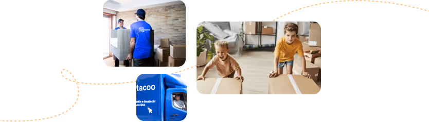 Collage of three images showing movers carrying boxes, a blue moving truck with the tacoo logo, and two children pushing large cardboard boxes indoors.