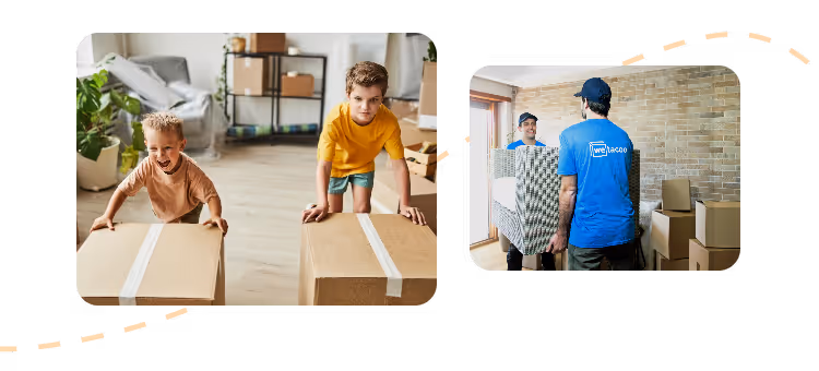 Two young boys pushing cardboard boxes in a living room alongside an image of two movers carrying a large box in a room with stacked boxes.