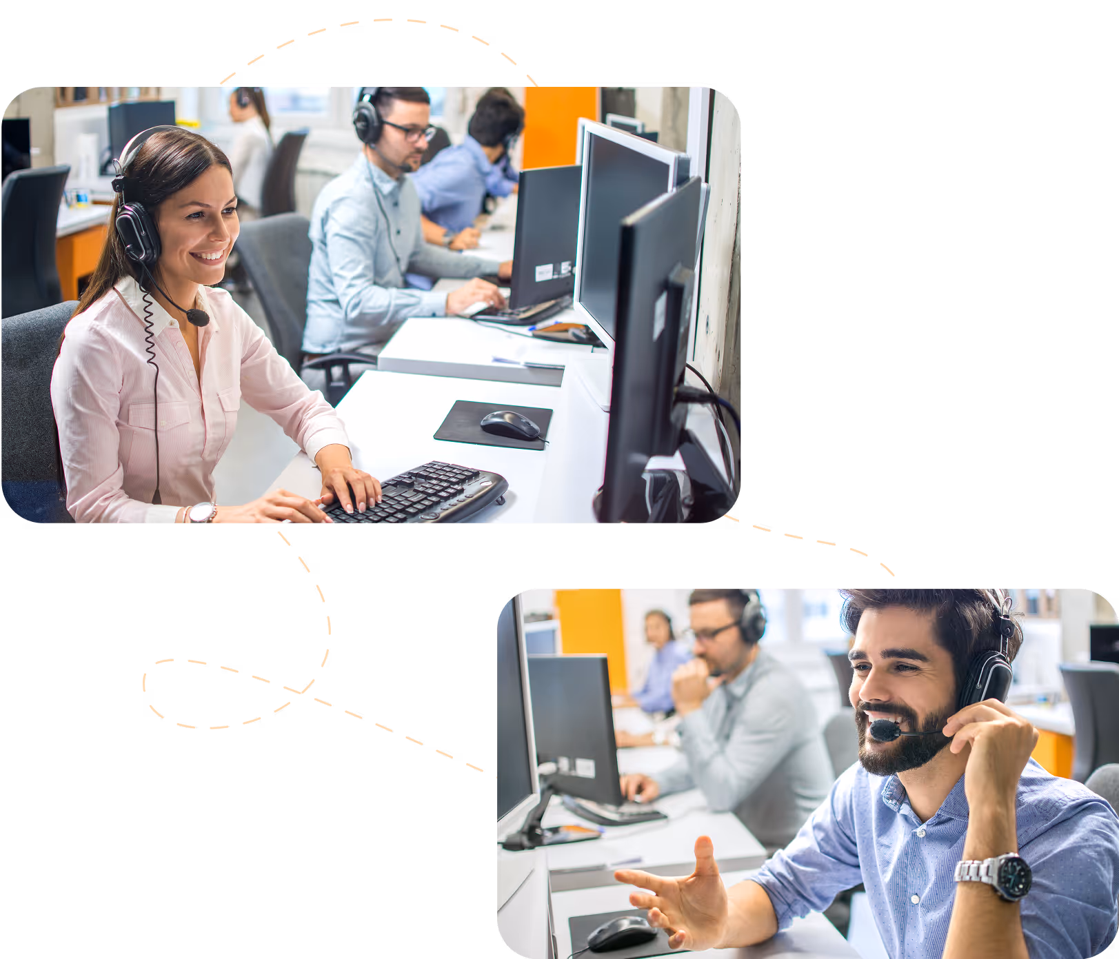 Call center agents wearing headsets working at desks with computers, engaging in customer support.