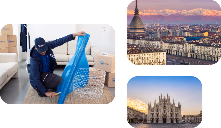 Operatore Wetacoo che si occupa di imballaggio e panoramica di Milano e Torino