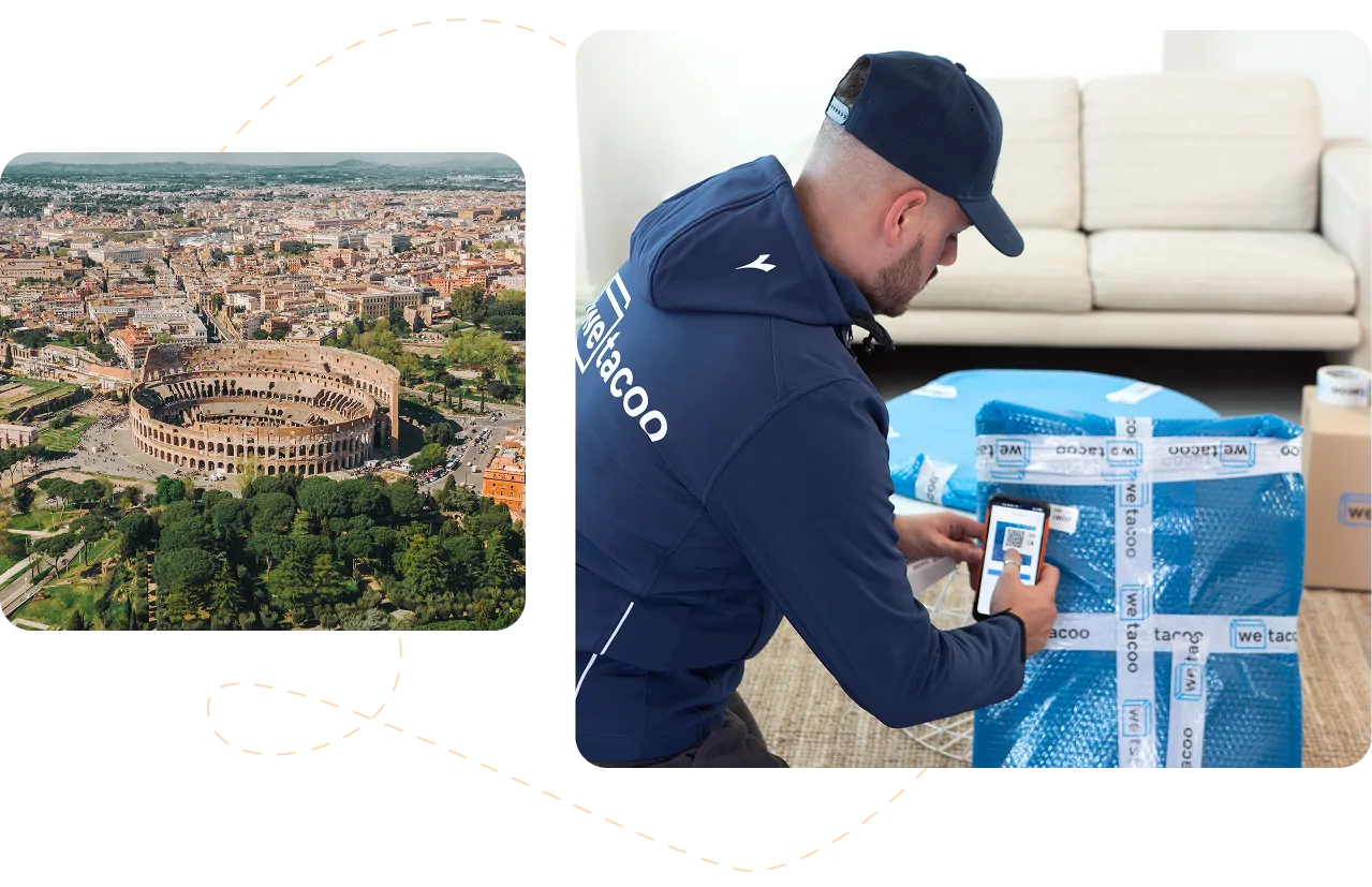 furgone esce dal deposito mobili e operatore imballa un mobile