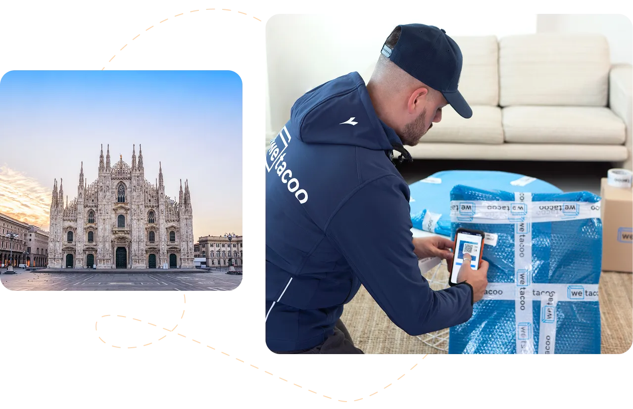 furgone esce dal deposito mobili e operatore imballa un mobile