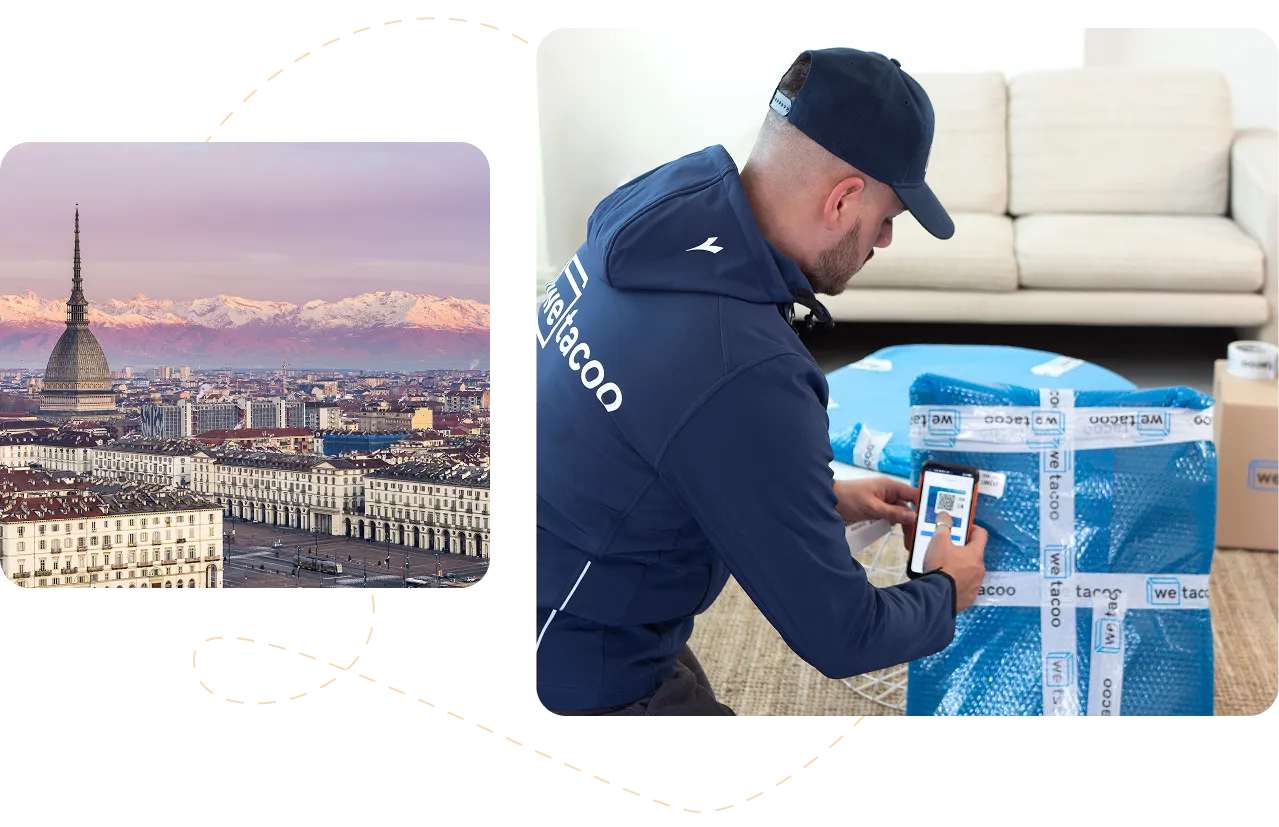 furgone esce dal deposito mobili e operatore imballa un mobile