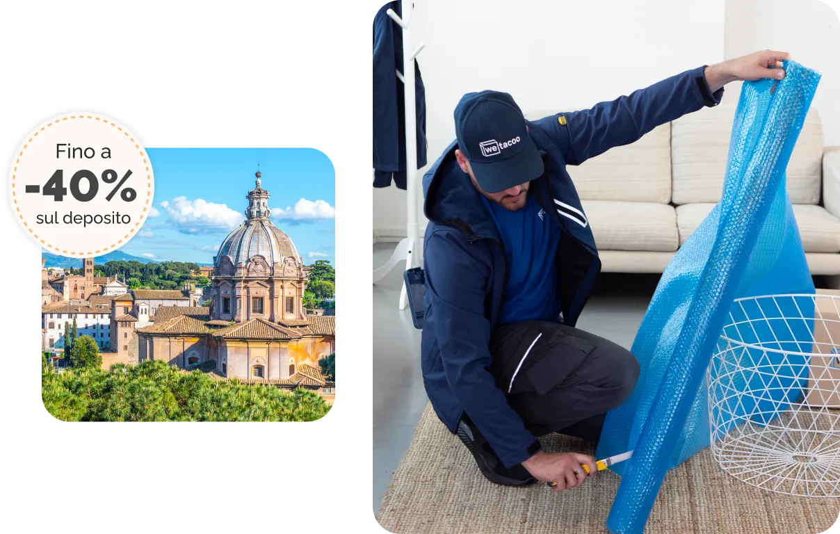 Sconto del 40% sul self storage di roma e operatore che imballa un mobile