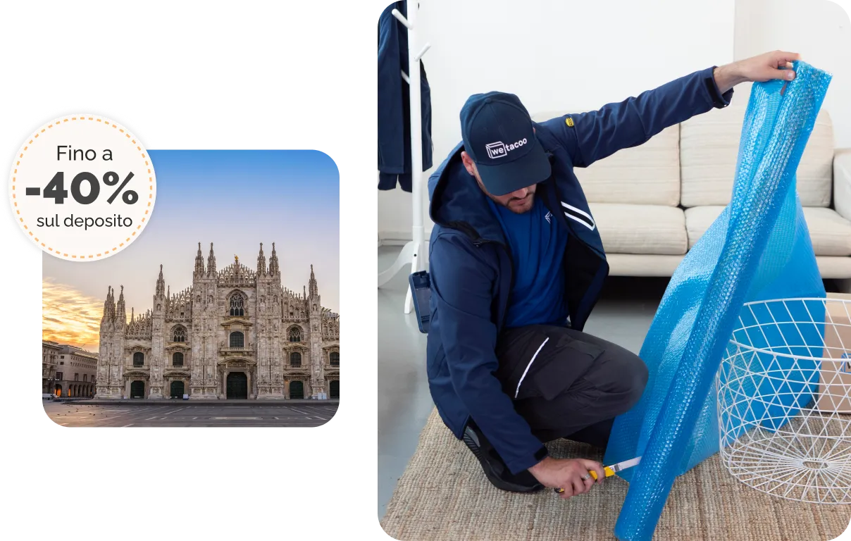 Sconto del 40% sul self storage di milano e operatore che imballa un mobile