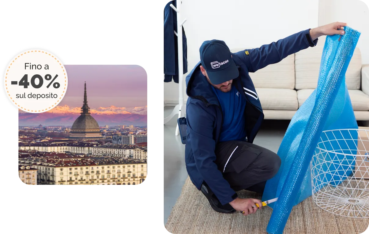 Sconto del 40% sul self storage di Torino e operatore che imballa un mobile