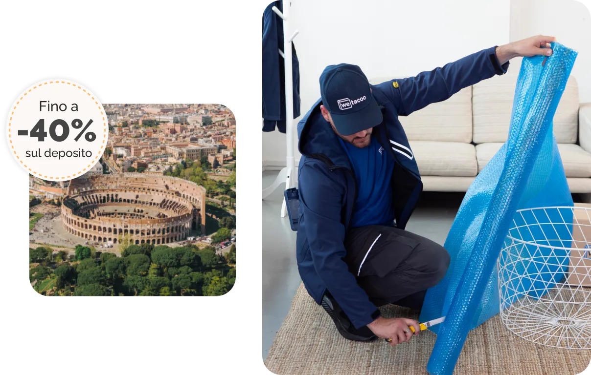 Sconto del 40% sul self storage di roma e operatore che imballa un mobile