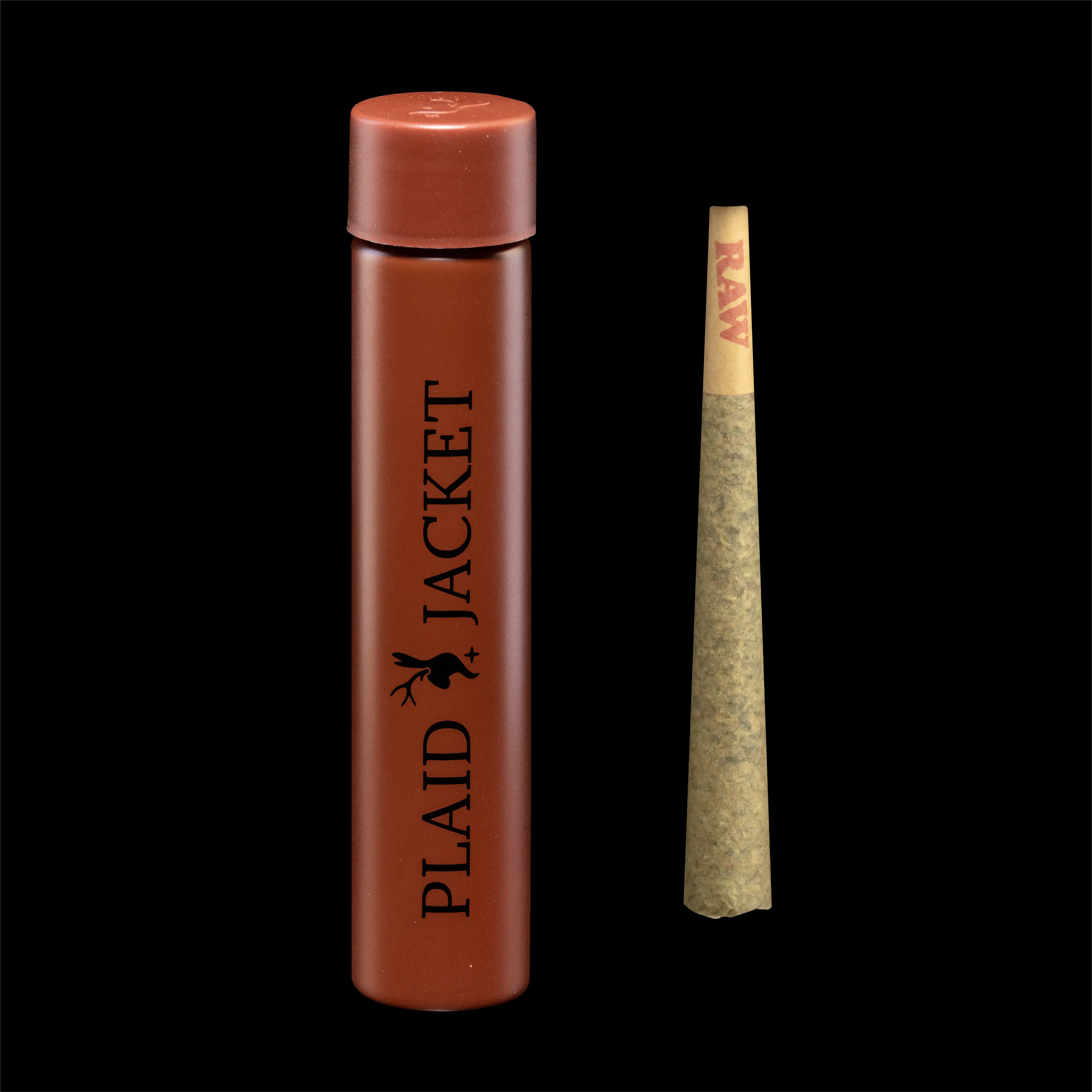 Plaid Jacket pre-roll in a red tube beside a pre-roll cone