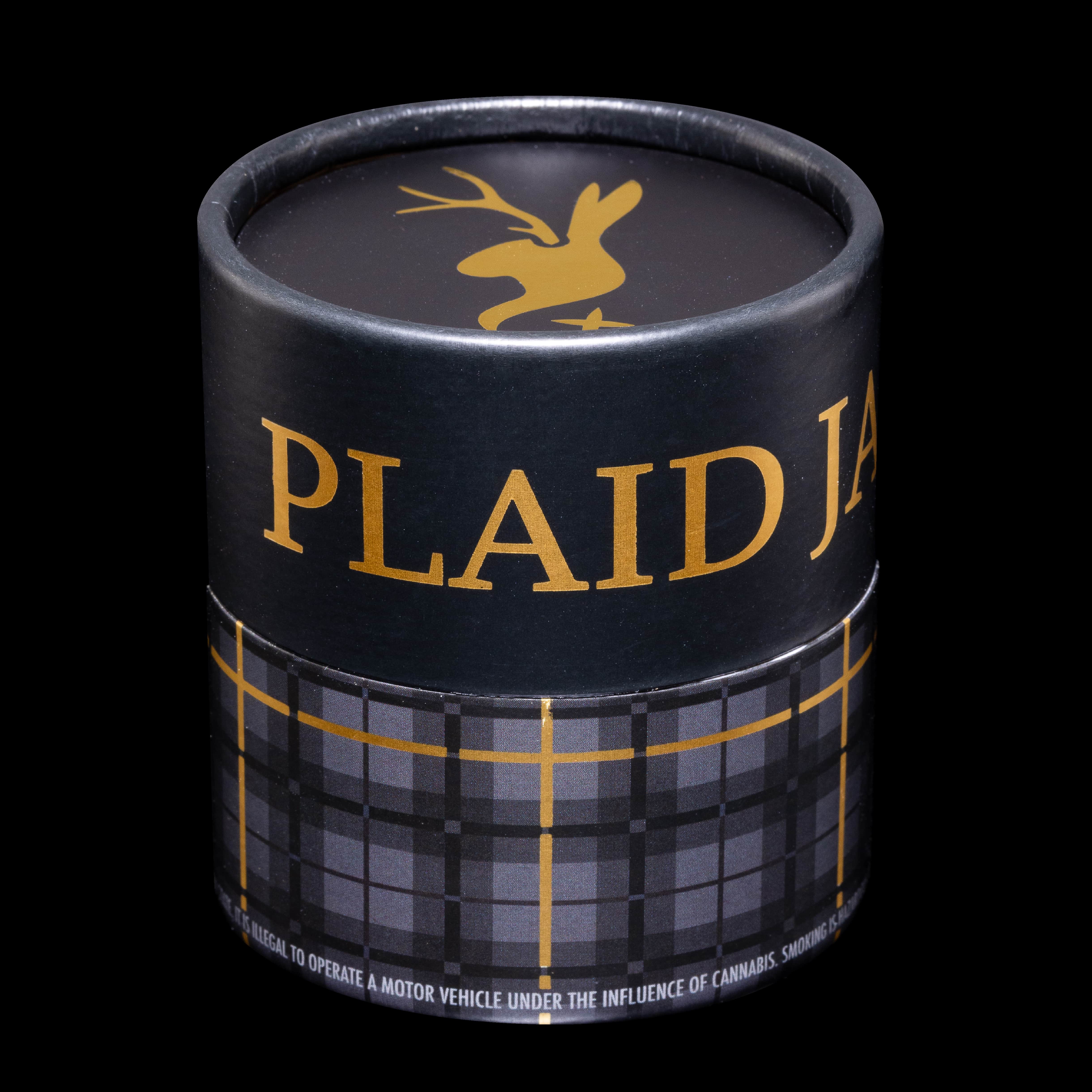 Black Plaid Jacket Black Label flower jar with a gold jackalope logo