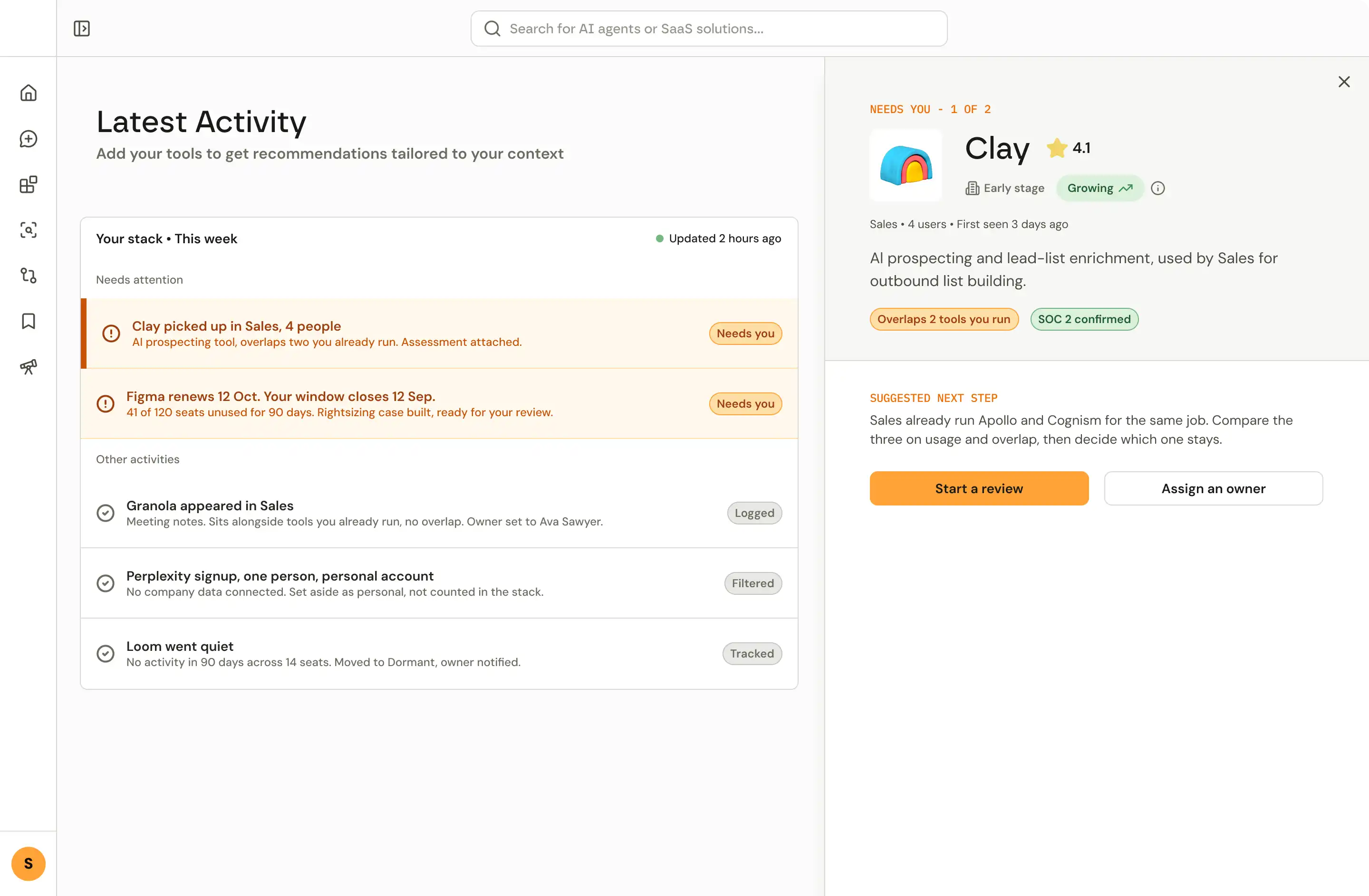 Dashboard showing latest activity in sales tools with alerts for Clay and Figma, and details for Clay AI prospecting tool.
