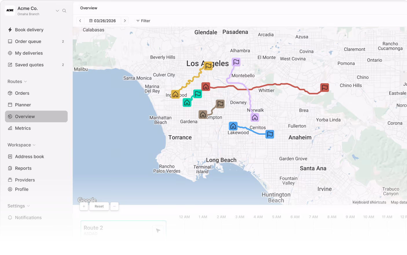 Curri route planning overview dashboard showing color-coded multi-route delivery paths across numbered stop sequences, truck location icons, and route navigation for last-mile logistics fleet management