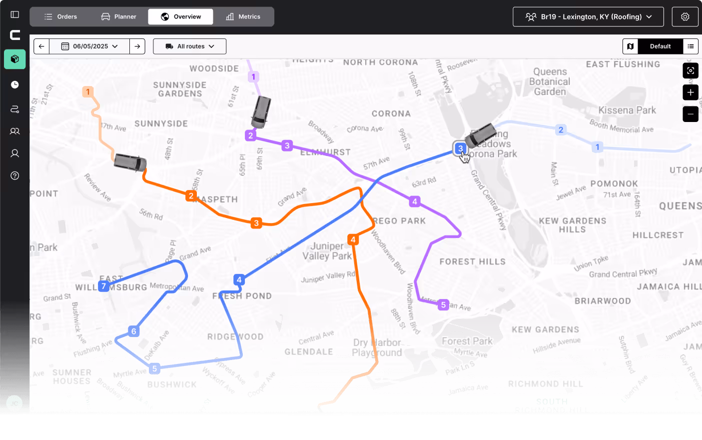Curri route planning overview dashboard showing color-coded multi-route delivery paths across numbered stop sequences, truck location icons, and route navigation for last-mile logistics fleet management