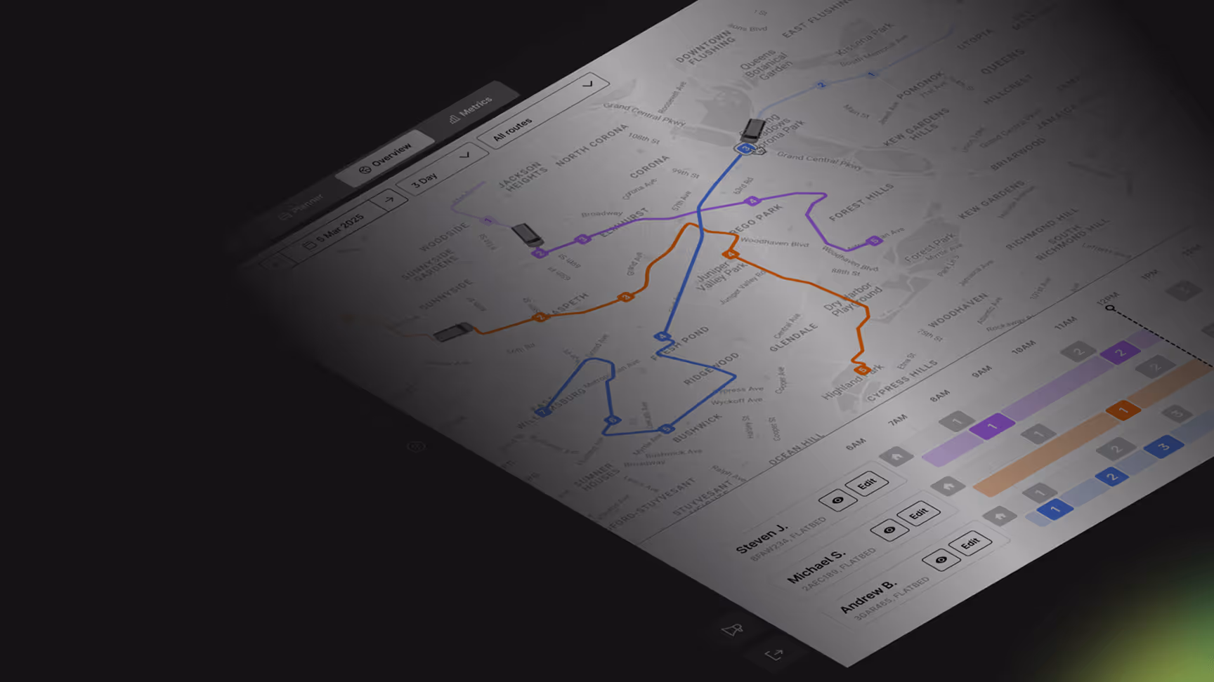 Quick start tutorial thumbnail showing Curri Route Planner interface displaying multi-driver route assignments with color-coded delivery paths across a map, driver timeline Gantt chart with time blocks, and individual driver details with flatbed vehicle assignments