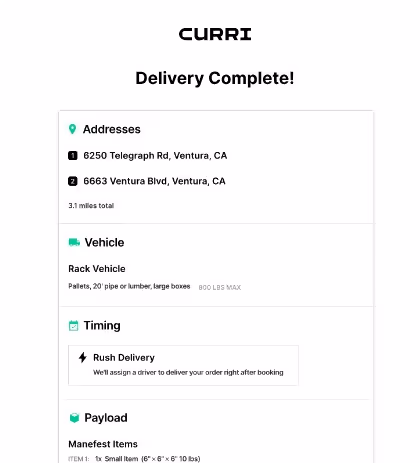 Screenshot showing delivery confirmation from Curri
