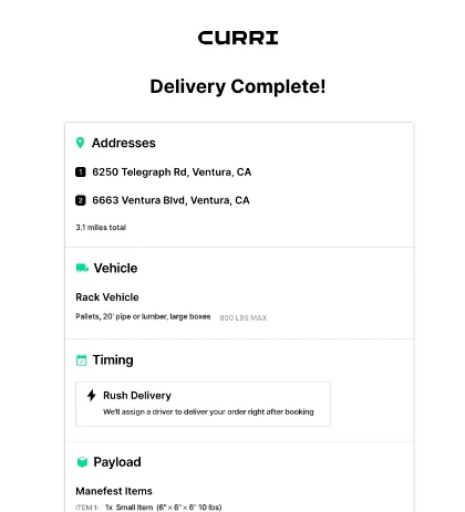 Screenshot showing delivery confirmation from Curri