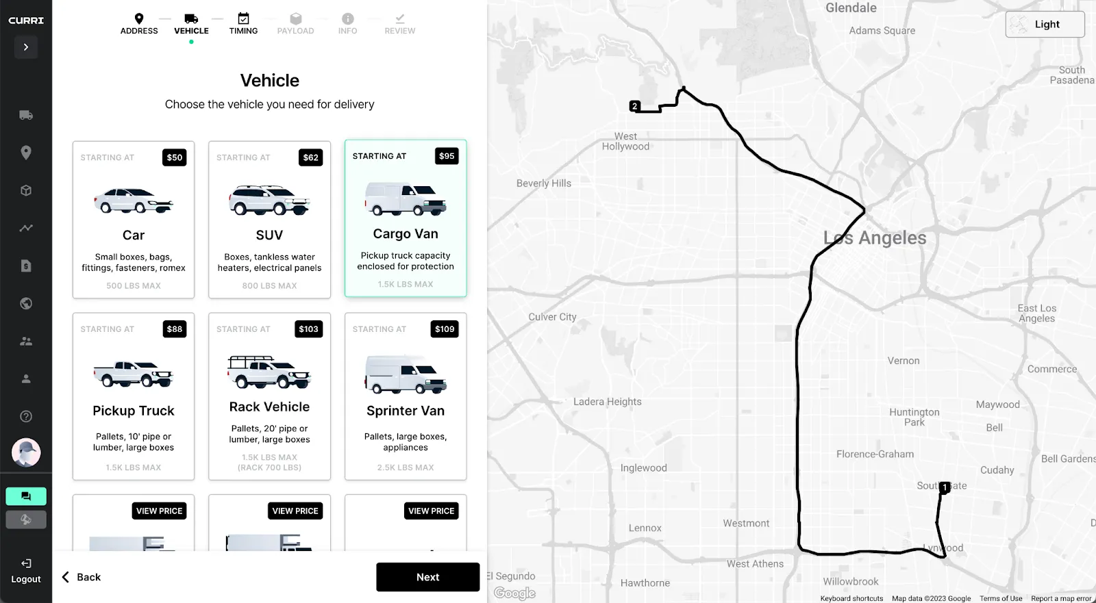 Screenshot of Curri’s platform showing on-demand fleet options and delivery tracking