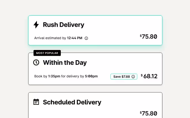 Screenshot showing Curri’s rush, same-day, and scheduled delivery options