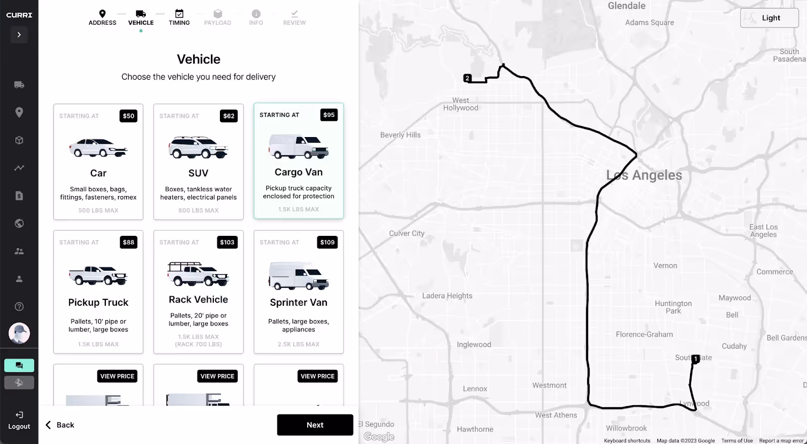 Screenshot of Curri’s platform showing vehicle options for deliveries