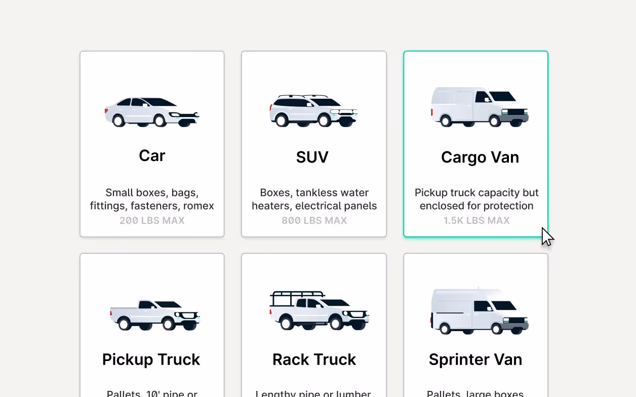 A selection of vehicle types offered by Curri, including Car (200 lbs max), SUV (800 lbs max), Cargo Van (1.5K lbs max), Pickup Truck, Rack Truck, and Sprinter Van. Each vehicle is labeled with common delivery items and weight capacity.