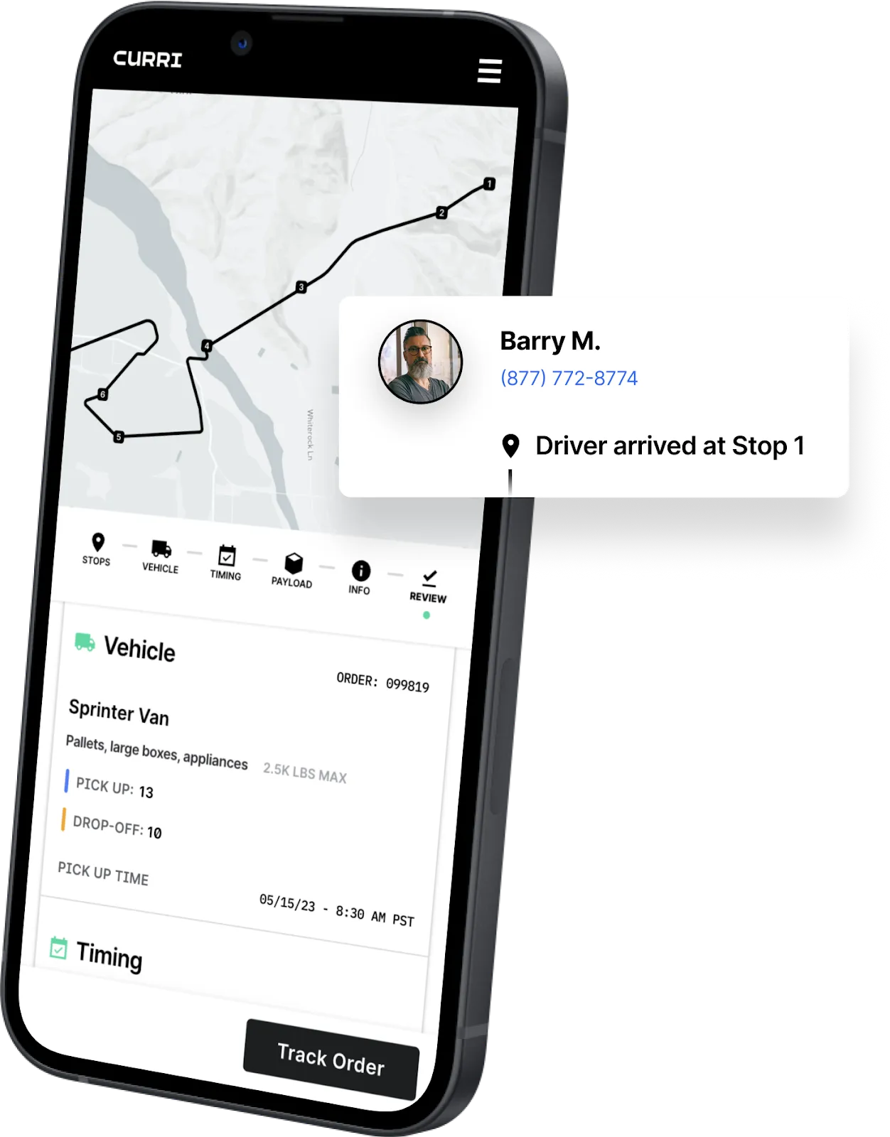 Curri mobile app interface showing a delivery route, driver information, vehicle details, and real-time tracking features for FF&E logistics.