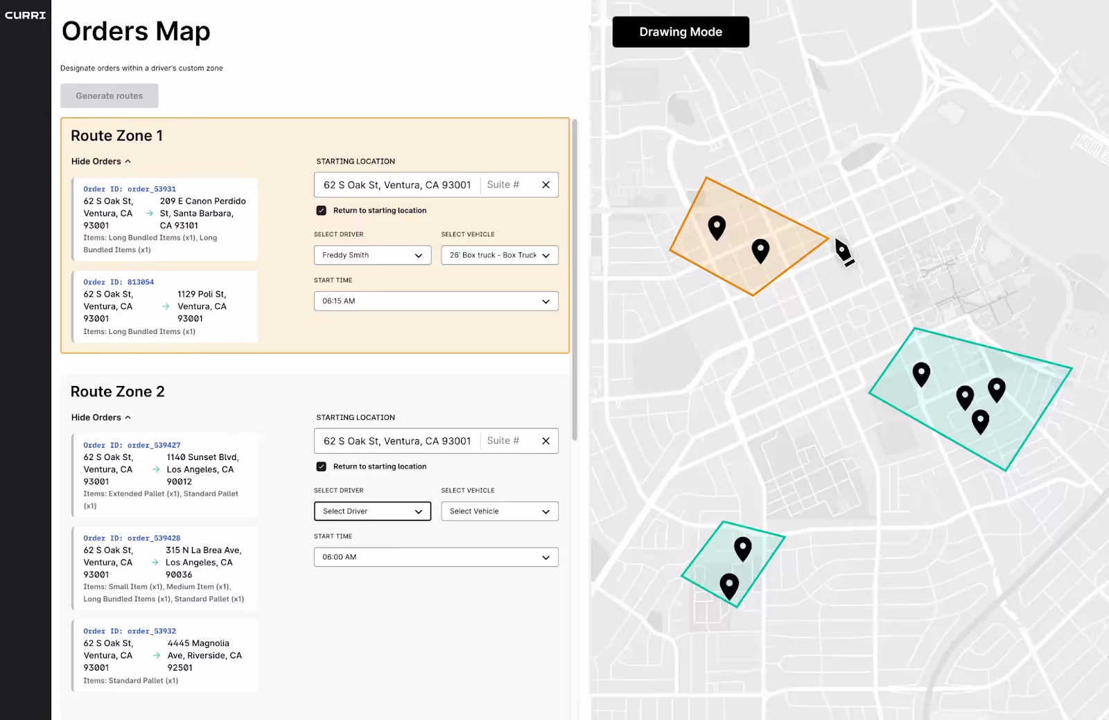 Curri's Order Map interface shows multiple delivery routes, zones, and driver assignments on a map for efficient logistics management.