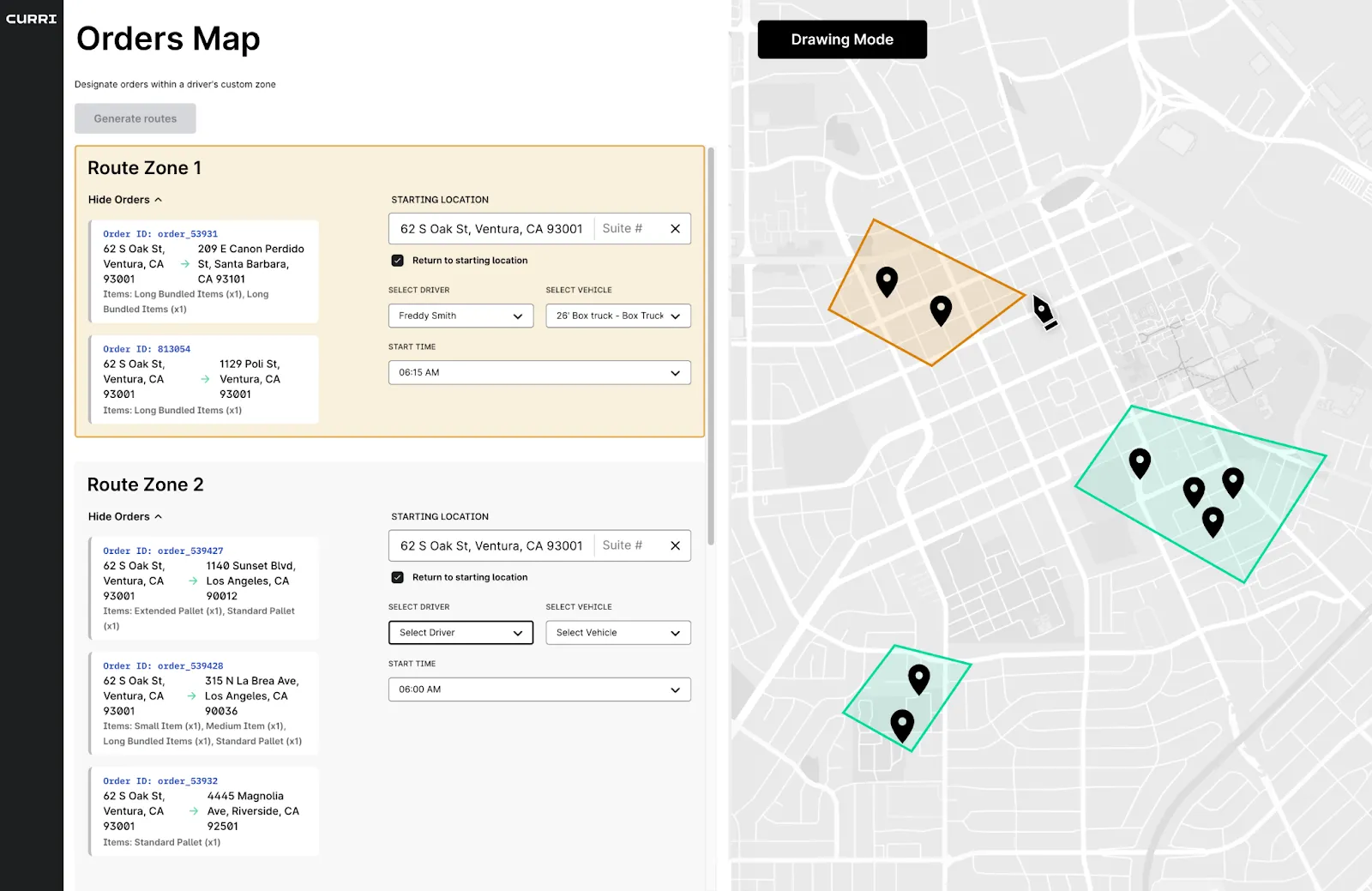 Curri's Order Map interface shows multiple delivery routes, zones, and driver assignments on a map for efficient logistics management.