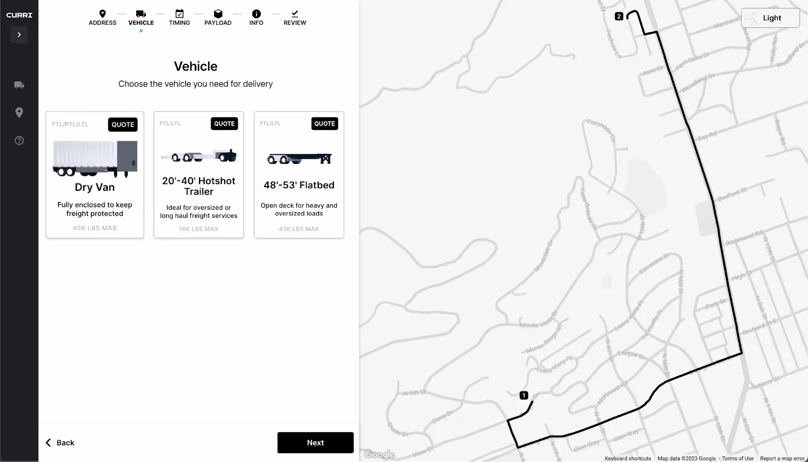 Screenshot showing Curri's vehicle selection options, including dry van, hotshot trailer, and flatbed, with a map illustrating the delivery route.