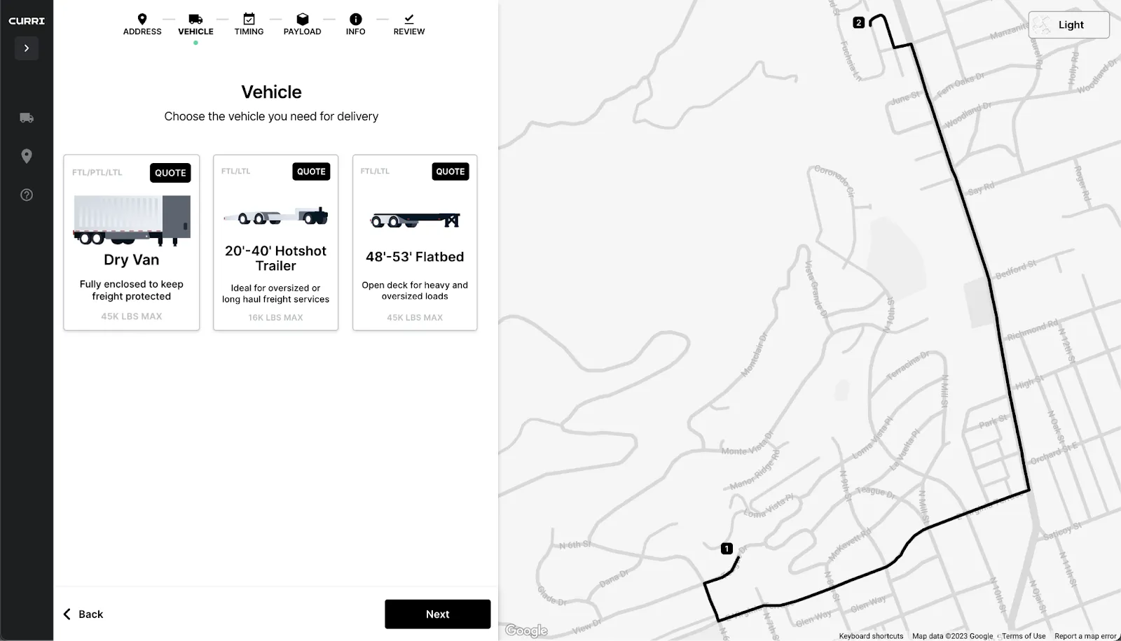 Screenshot showing Curri's vehicle selection options, including dry van, hotshot trailer, and flatbed, with a map illustrating the delivery route.