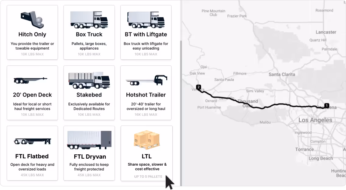 User interface showing Curri’s large vehicle options, including Hitch Only, Box Truck, BT with Liftgate, Open Deck, Stakebed, Hotshot Trailer, FTL Flatbed, FTL Dryvan, and LTL. The map on the right shows a tracked delivery route from Pasadena to Ventura, CA.