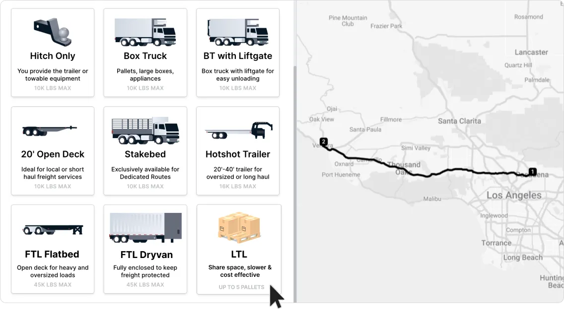 Screenshot of Curri’s freight selection interface displaying different shipping options such as Hitch Only, Box Truck, BT with Liftgate, 20' Open Deck, Stakebed, Hotshot Trailer, FTL Flatbed, FTL Dryvan, and LTL (Less Than Truckload).