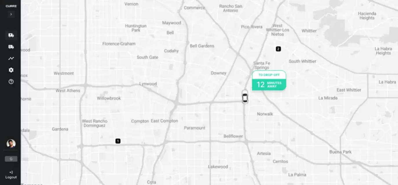 Screenshot of Curri’s fleet tracking map showing a vehicle 12 minutes away from drop-off in the Los Angeles area.