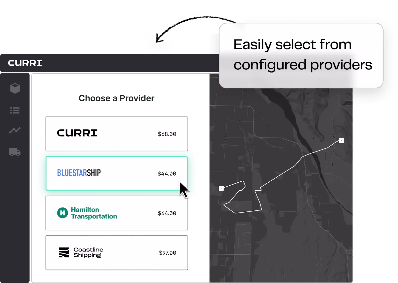 A screenshot of Curri’s platform shows a list of configured delivery providers with pricing options and a map displaying the delivery route. A user hovers over a selected provider for optimized decision-making.