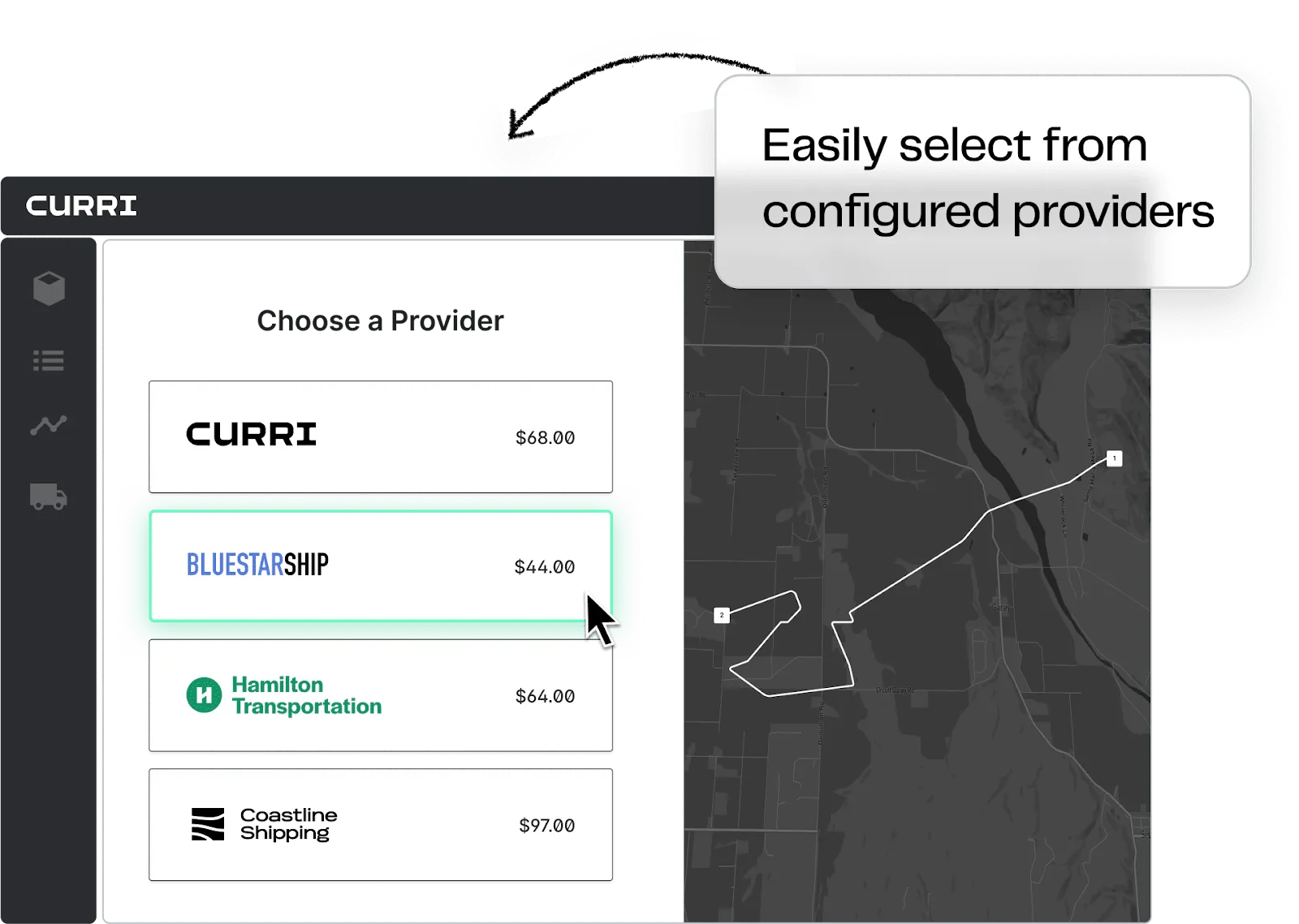 A screenshot of Curri’s platform shows a list of configured delivery providers with pricing options and a map displaying the delivery route. A user hovers over a selected provider for optimized decision-making.