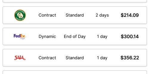 Screenshot of a Curri interface displaying three LTL shipping options such as FedEx, Saia, etc.