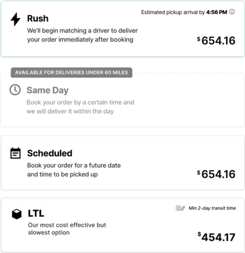 Screenshot from Curri displaying four delivery processes: Rush with immediate driver matching, Same Day (unavailable for deliveries over 60 miles), Scheduled for future bookings, and LTL with a minimum 2-day transit time.