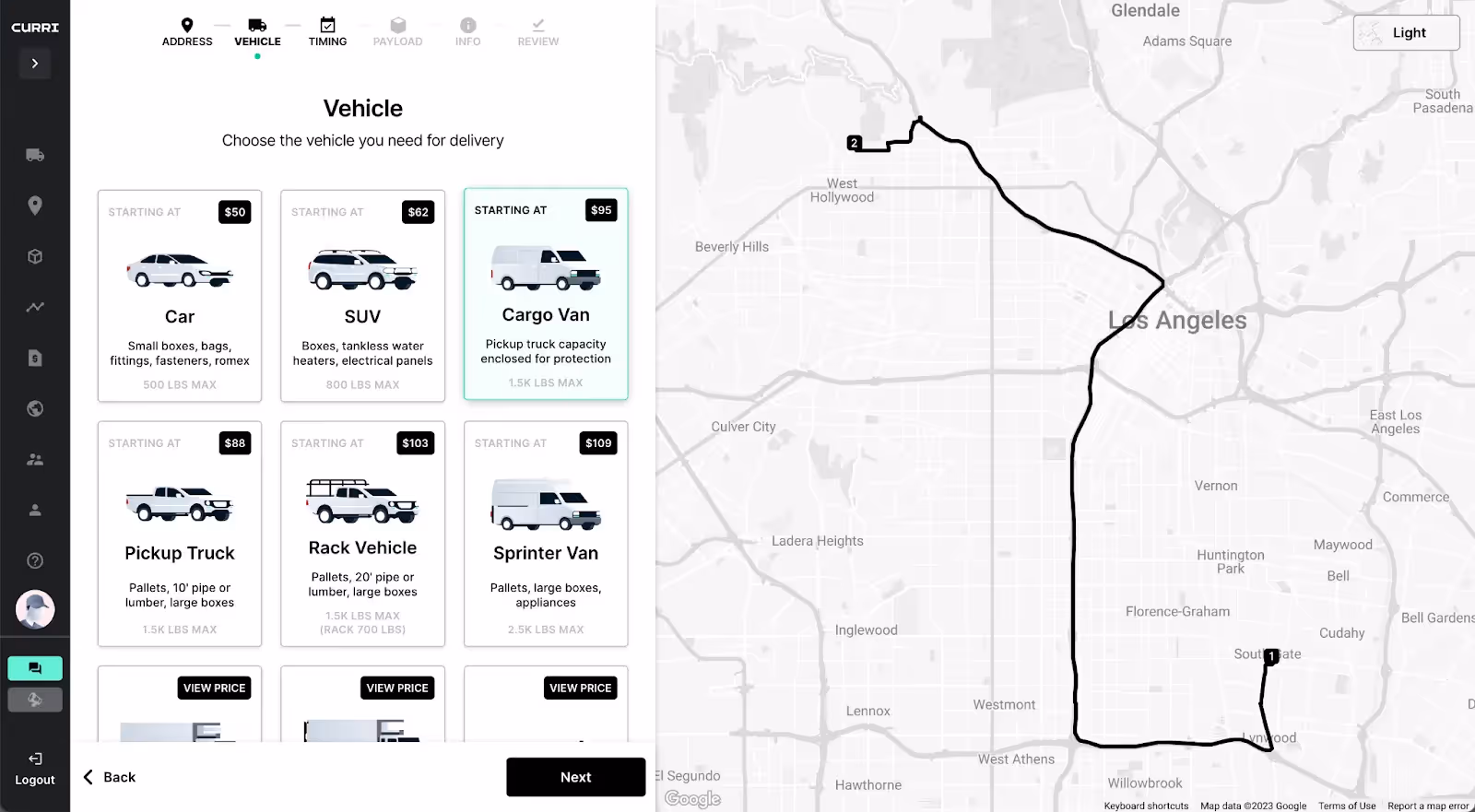 Screenshot of the Curri app showing the vehicle selection screen for delivery.