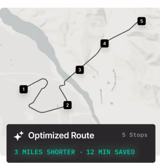 A map displaying Curri's optimized delivery route with five stops marked and a summary indicating the route is 3 miles shorter and saves 12 minutes. 