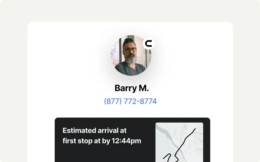 Screenshot showing a driver profile on the Curri platform featuring the driver’s name, contact number, estimated arrival time at the first stop, and a route map for tracking.