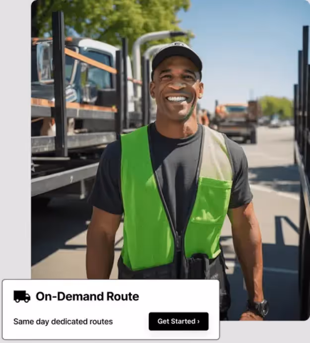 A smiling delivery driver wearing a green safety vest stands in front of a truck, promoting Curri’s On-Demand Route service for same-day dedicated routes. A "Get Started" button is displayed at the bottom.
