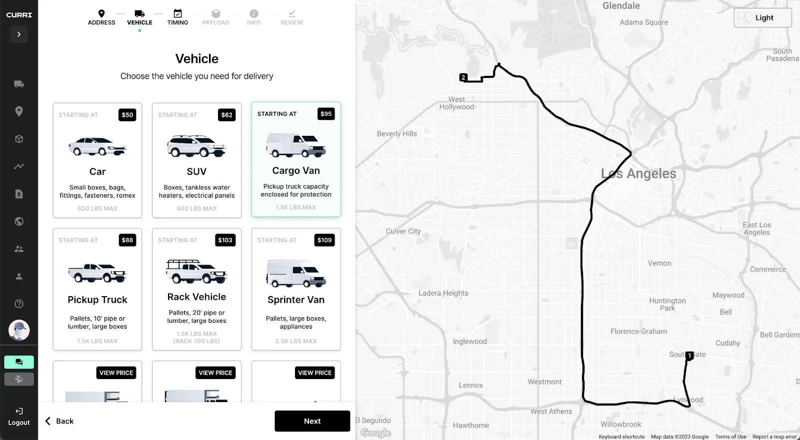Screenshot of Curri’s delivery platform