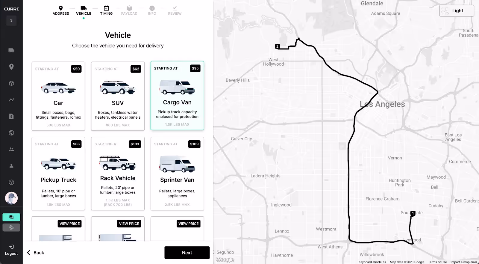 Screenshot of the Curri delivery platform showing a selection of vehicles with descriptions and starting prices, and a route map outlining a delivery area in Los Angeles.