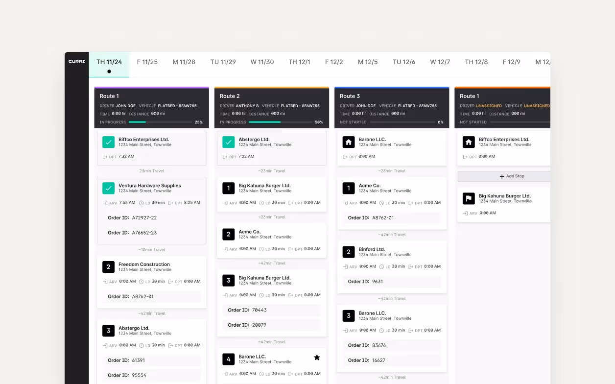 Screenshot of the Curri route planning interface displaying multiple delivery routes with details including driver names, vehicle types, scheduled times, travel distances, and stops at various businesses.