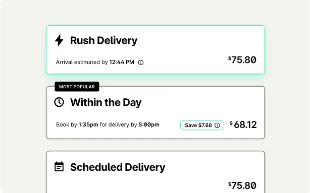 A screenshot of Curri's delivery options showing three choices: "Rush Delivery, "Within the Day", and "Scheduled Delivery"