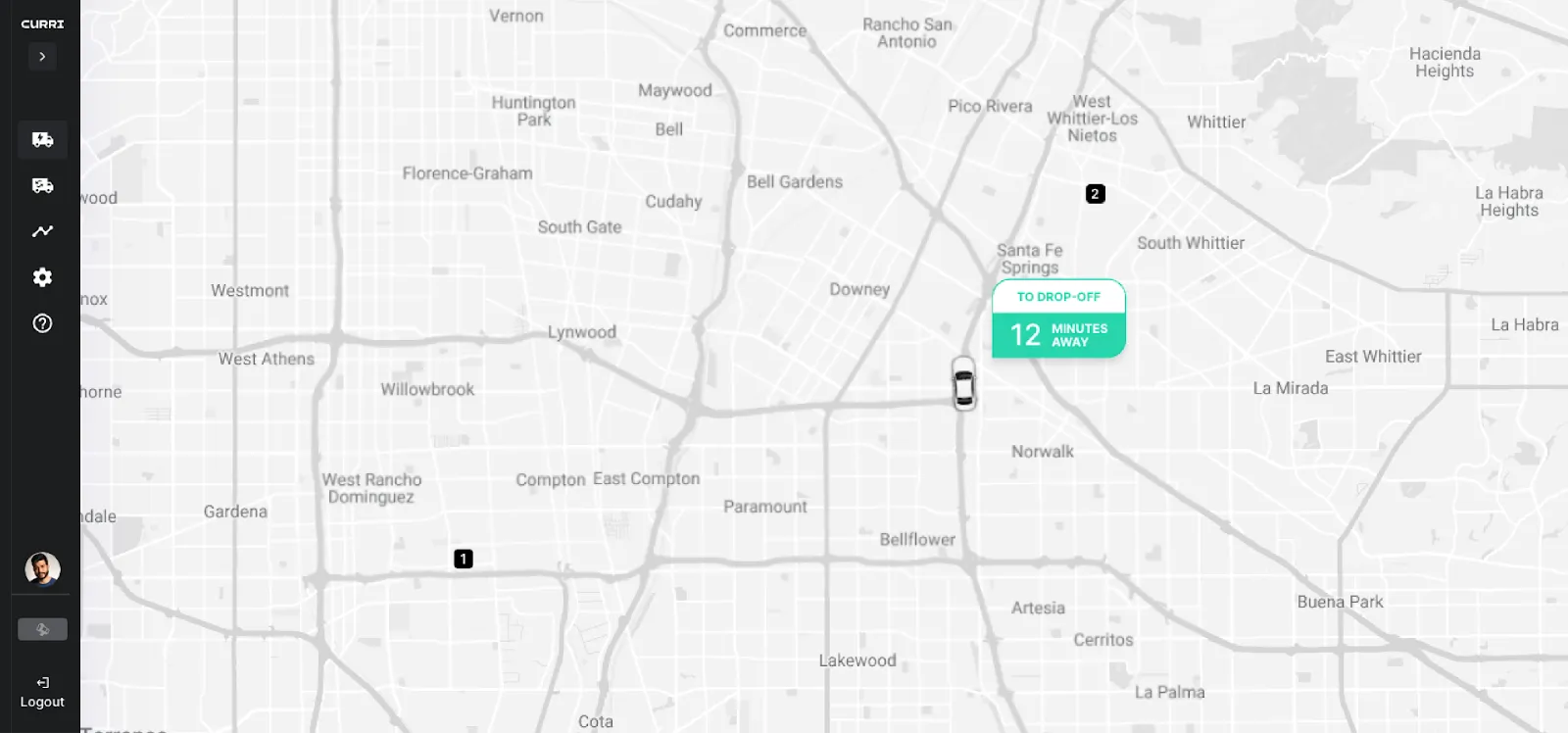 A map view of Curri's real-time tracking interface, showing delivery routes and vehicles, along with a schedule timeline below to monitor delivery progress throughout the day.