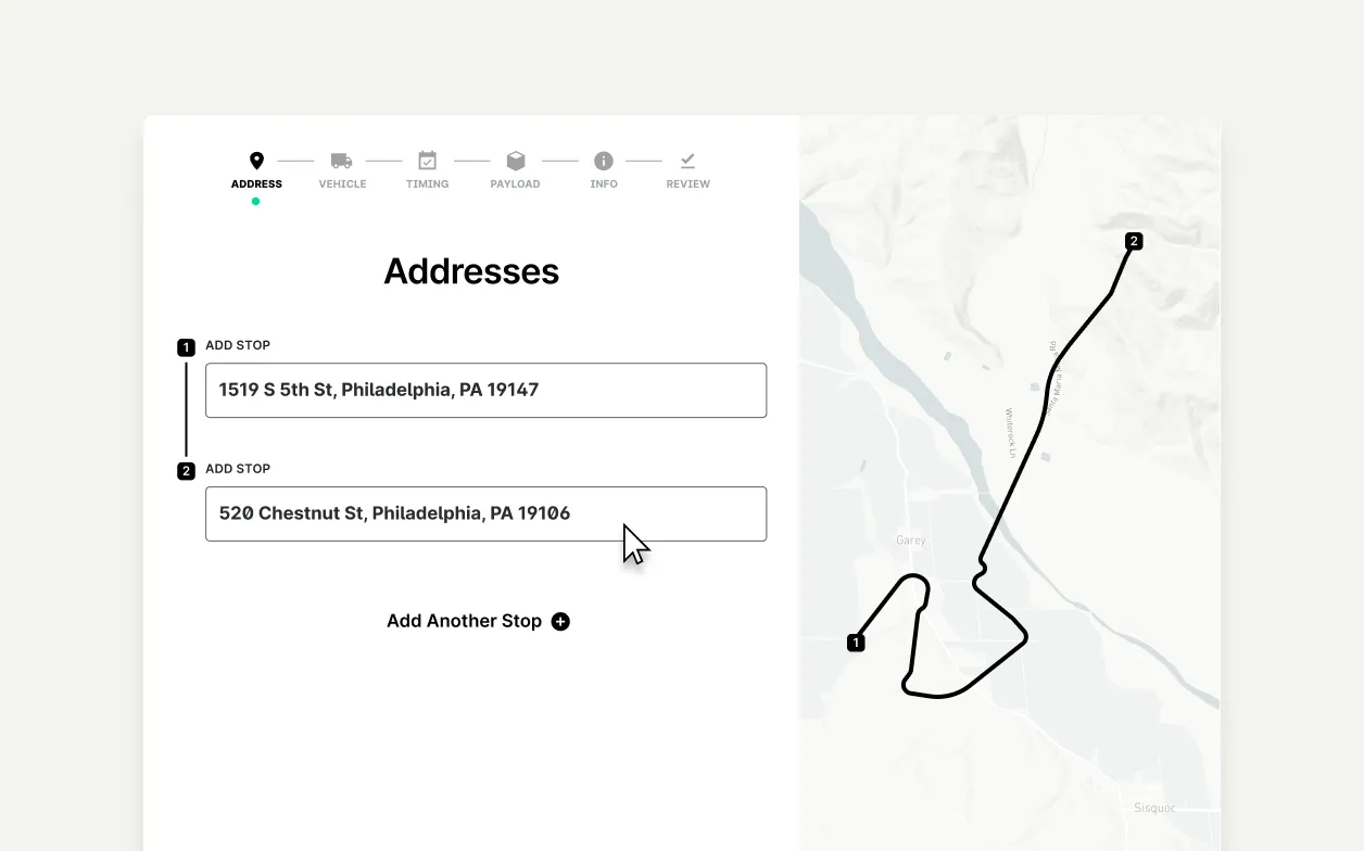 An image showing a delivery planning interface with two added stops in Philadelphia, PA. The interface includes address fields, options to add more stops, and a route map displaying the path between the delivery points, demonstrating an easy setup for a crowdsourced delivery route.